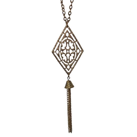 Vintage Gold Tone Pendant Tassel Necklace 22" Double Clasp Costume Jewelry Chain - Picture 1 of 8